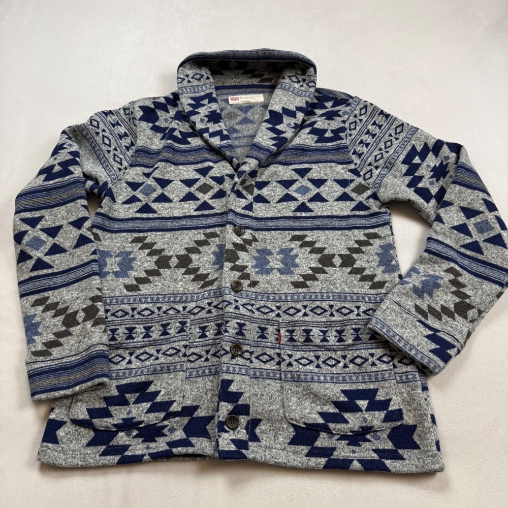 Levis Mens LG Fleece Cardigan Sweater Shawl Collar Blue Southwestern 3LGLK2001